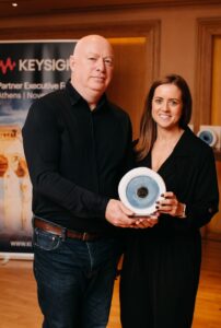 DIS070 Darren Baxendale and Charlotte Kennedy Distrelec sales achievements recognised by Keysight Technologies